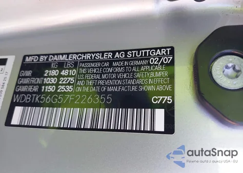 2007 Mercedes-Benz Clk 350 из США, поврежденный, VIN WDBTK56G57F226355